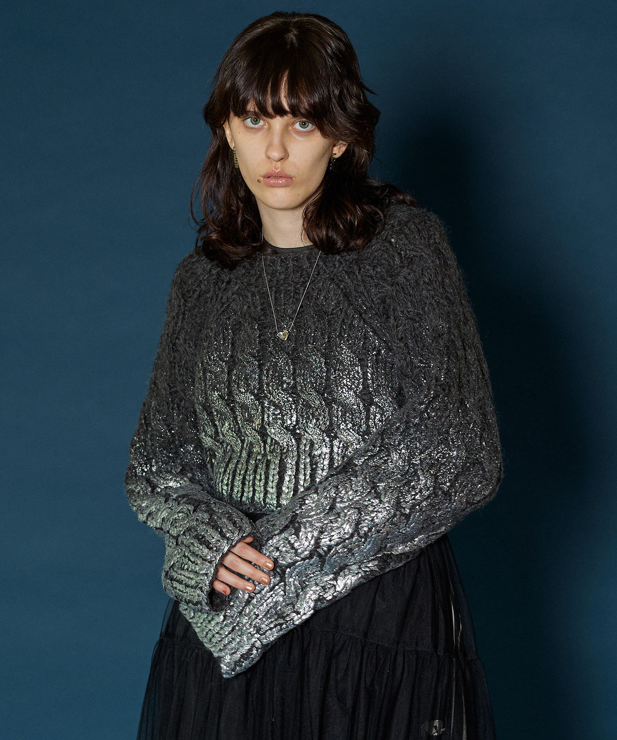 【SALE】Metallic Foil Cable Short Knit Pullover