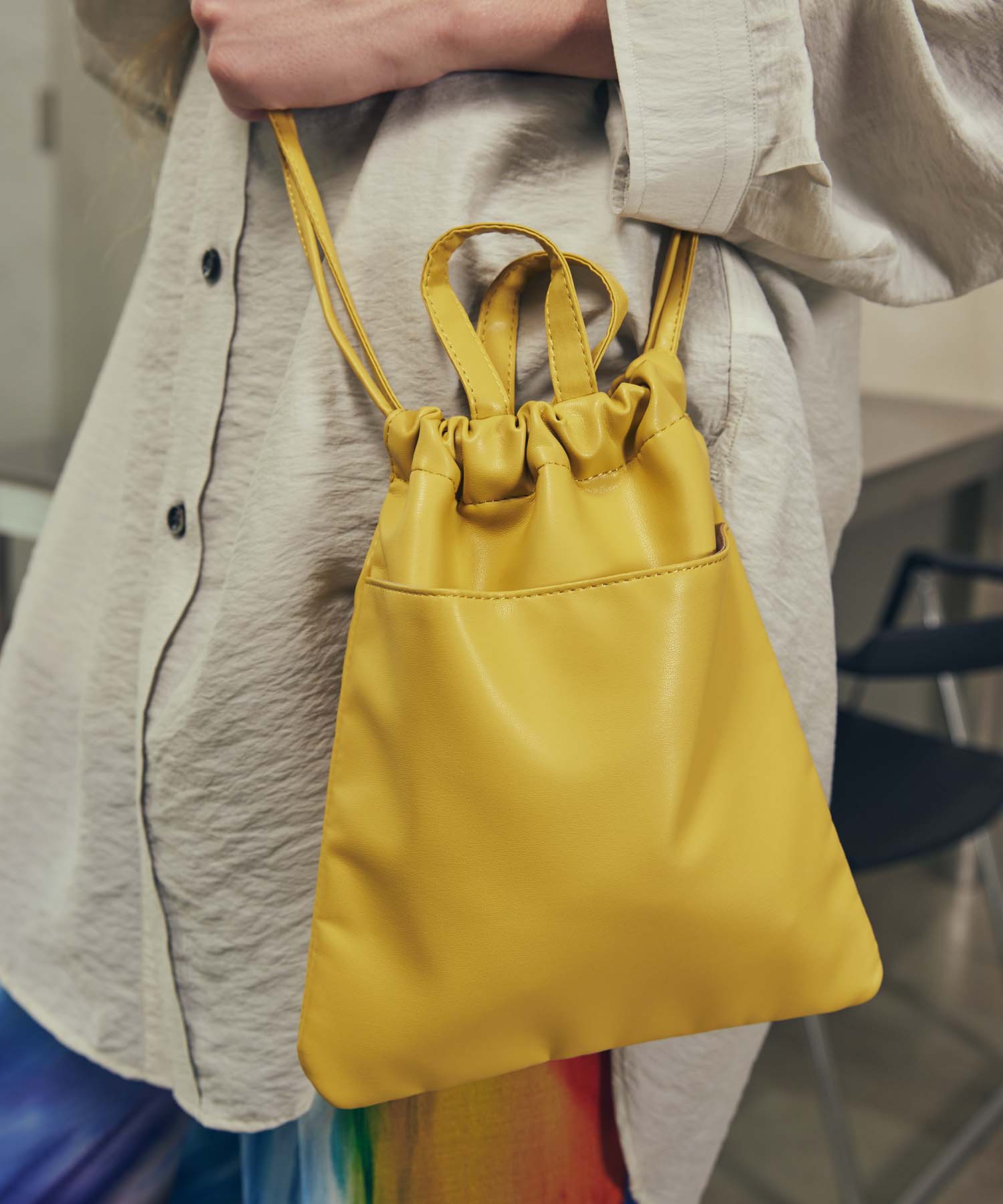 【EX】Vegan Leather Shoulder Drawstring Bag