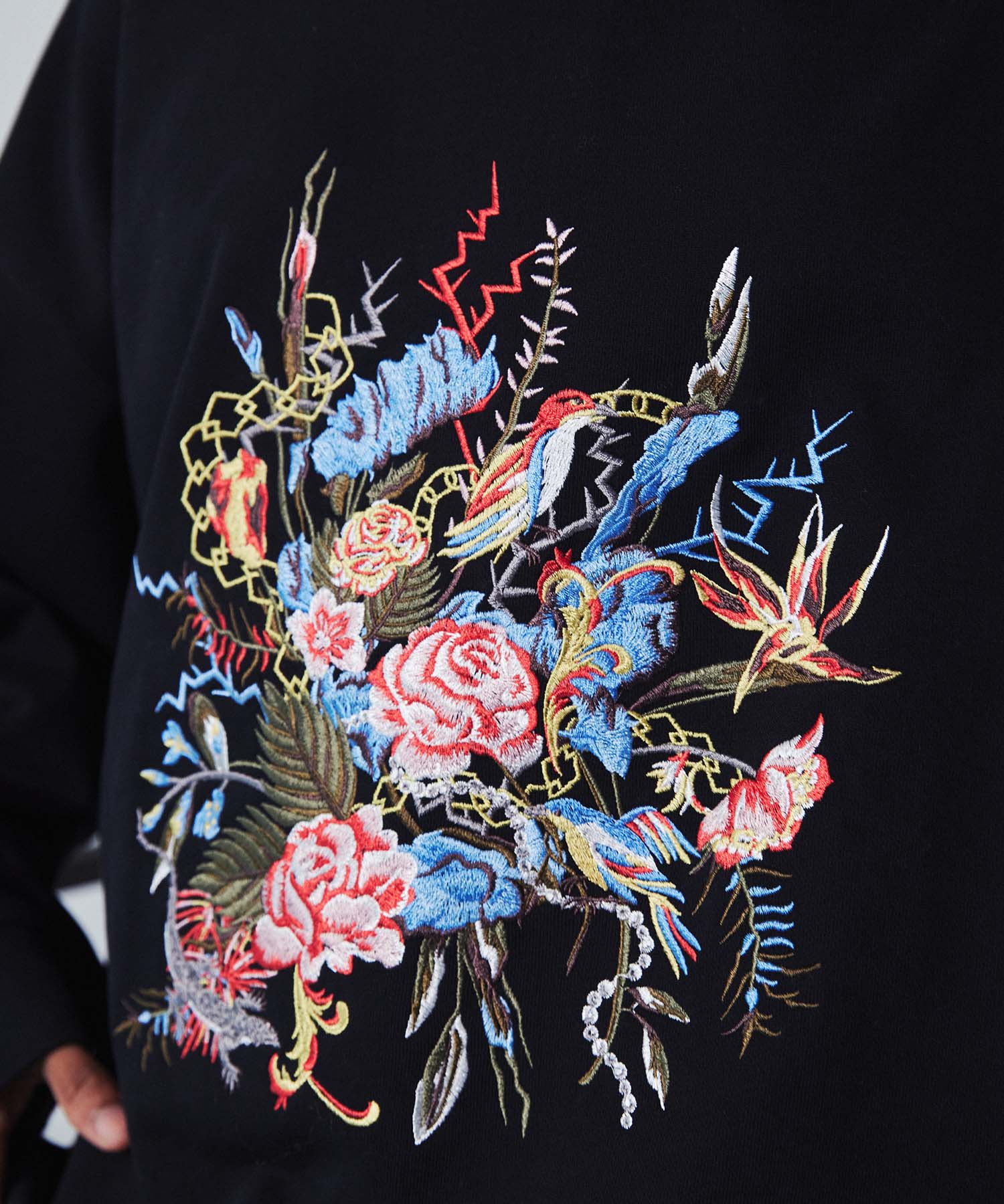 Flower Embroidery Heavy-Weight Sweat Prime-Over Crew Neck Pullover