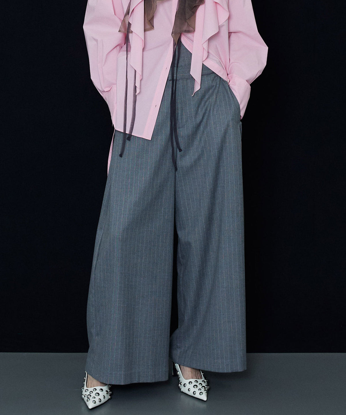 【SALE】Low Waist Layered Stripe Wide Pants