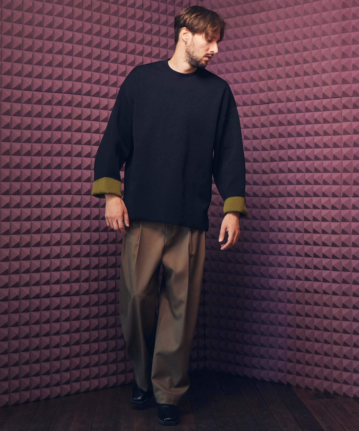 Double-Face Knit Prime-Over Reversible Crew Neck Pullover