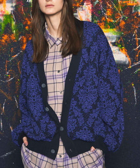 Damask Jacquard Prime-Over V-Neck Knit Cardigan