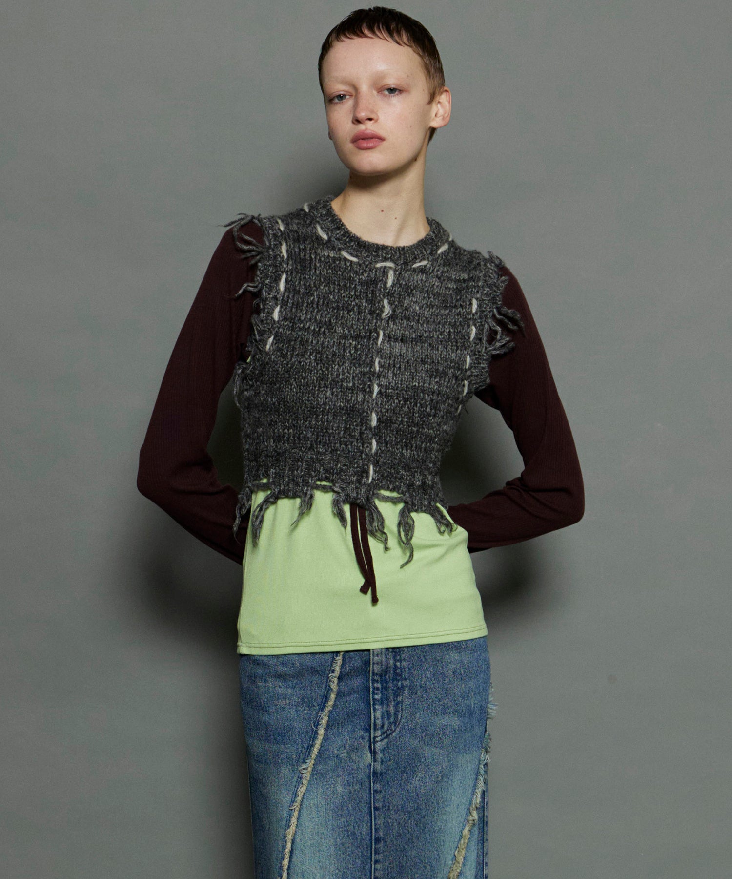 Distressed Effect Fringe Knit Vest