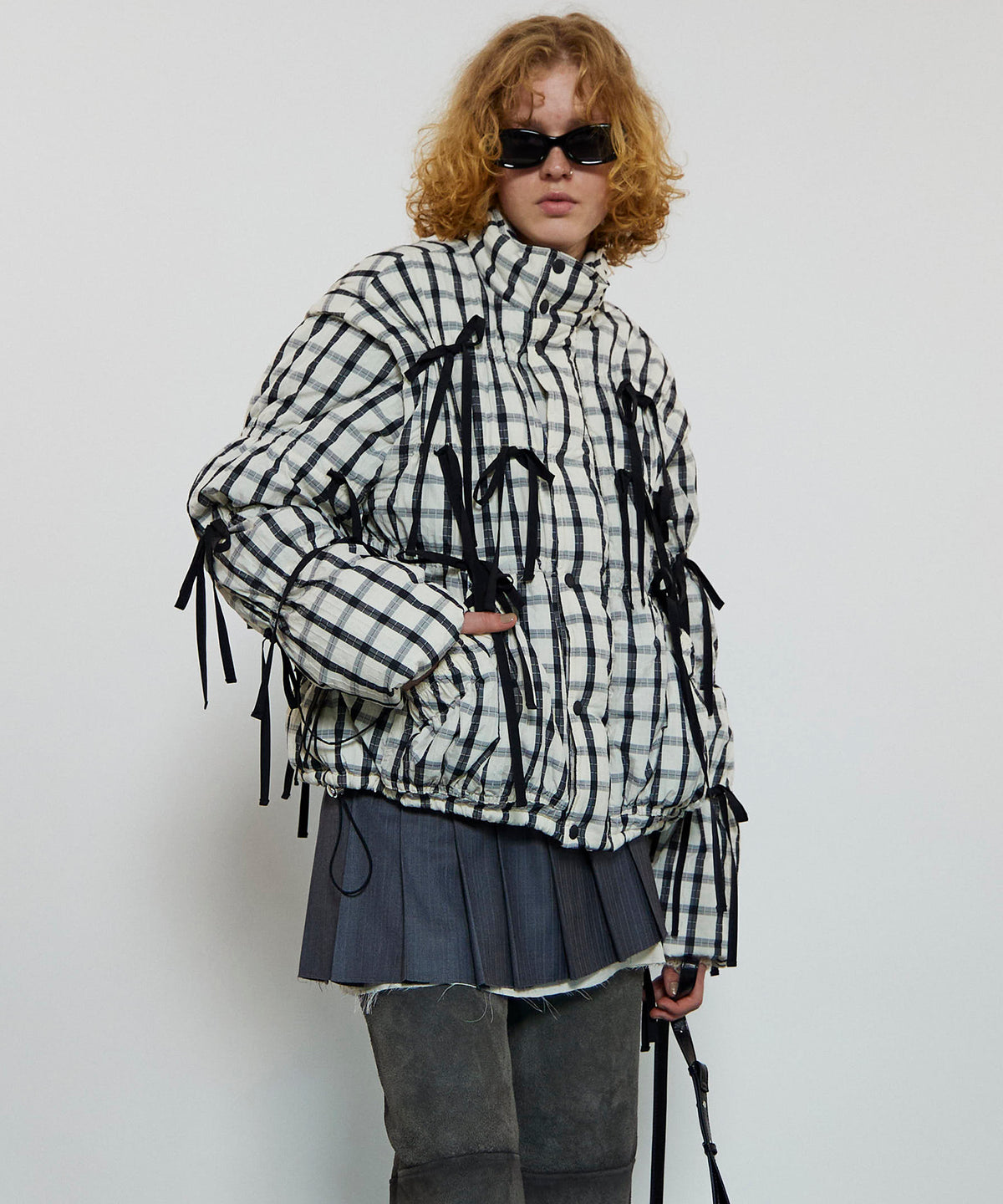 2way Checkered Ribbon Puffer Jacket