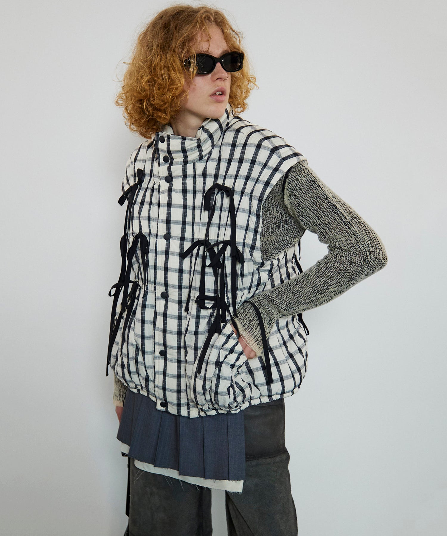 2way Checkered Ribbon Puffer Jacket