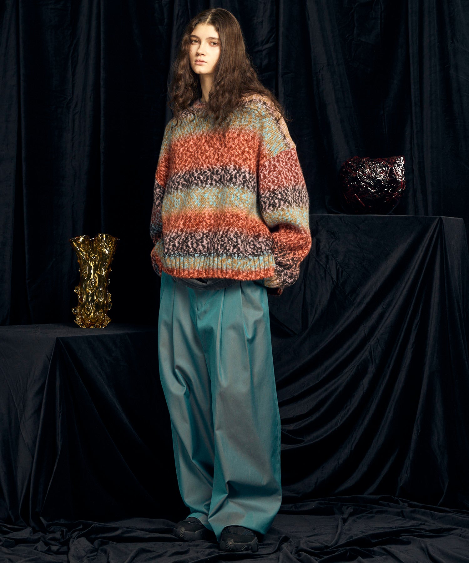 PINORI Long Space-Dye Gradation Prime-Over Crew Neck Knit PullOver