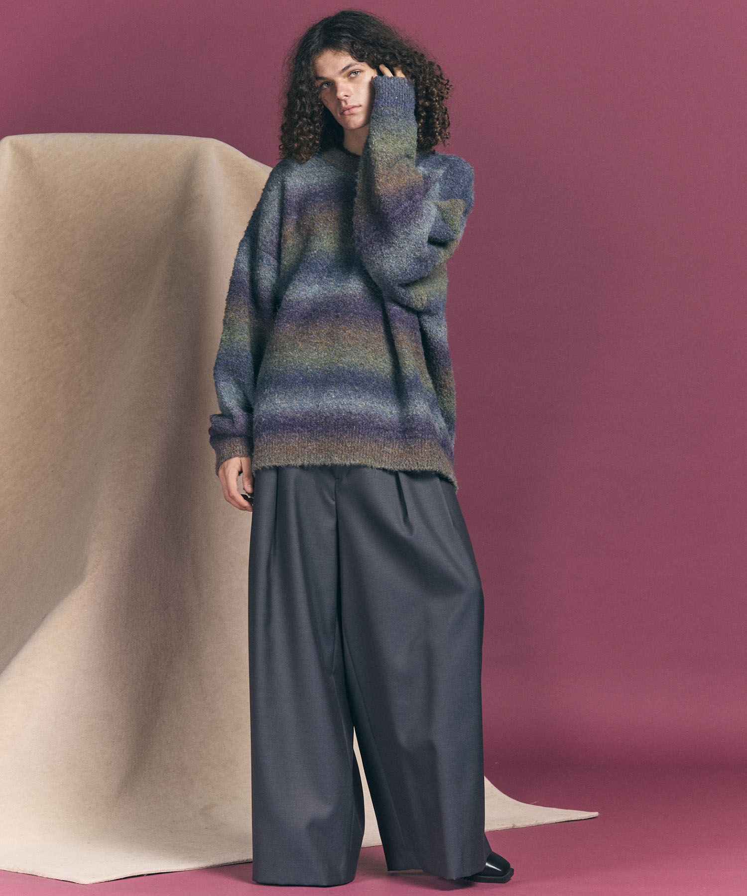 MOKOMOKO Gradation Border Prime-Over Crew Neck Knit Pullover