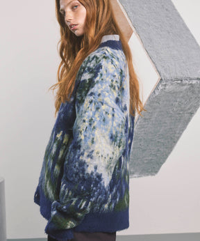 Prime-Over Landscape Painting V-Neck Knit Cardigan