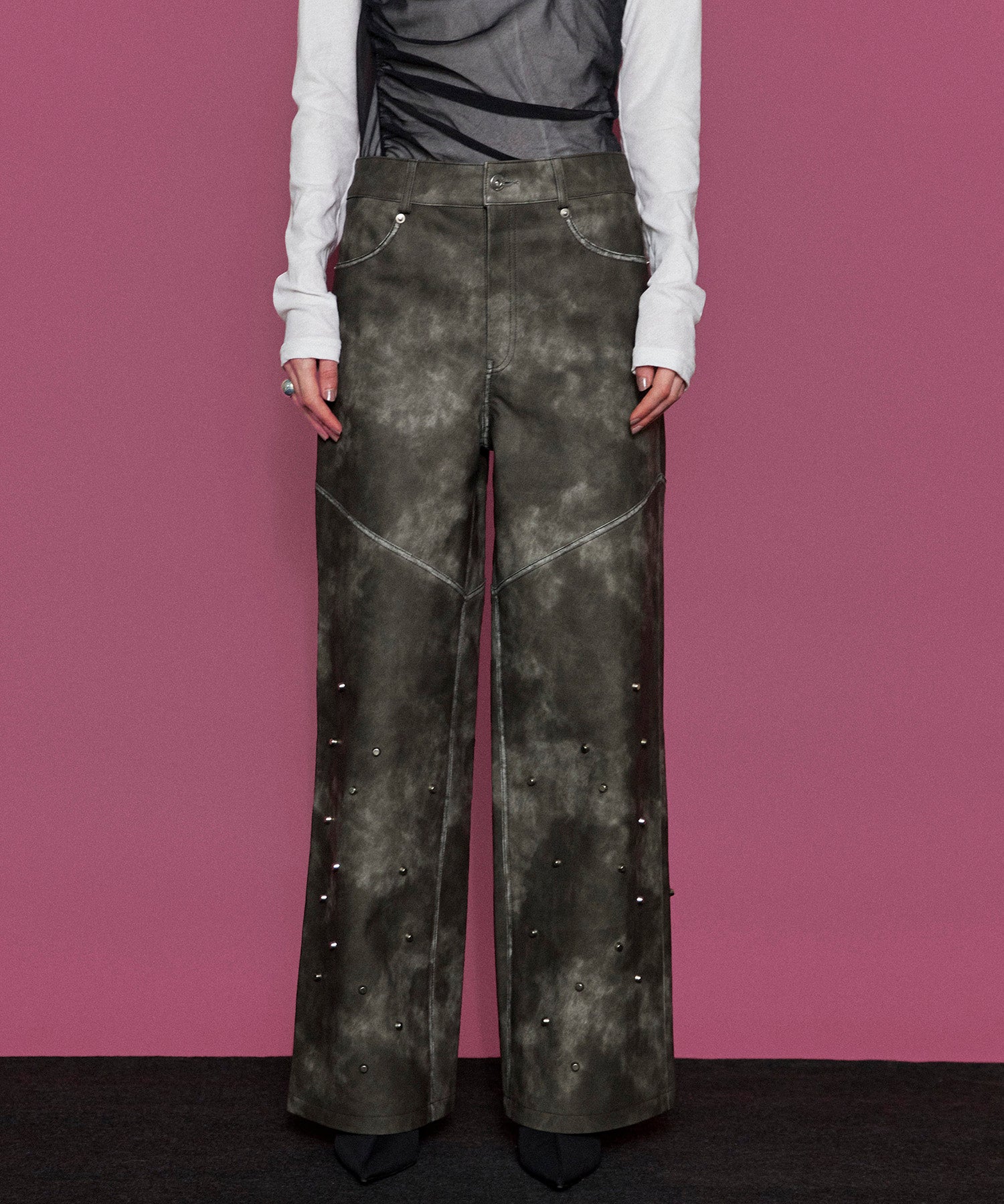 Studs Vegan Leather Straight Pants