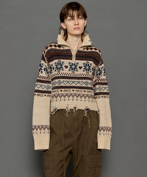 Nordic Pattern Half Zip Knit Tops