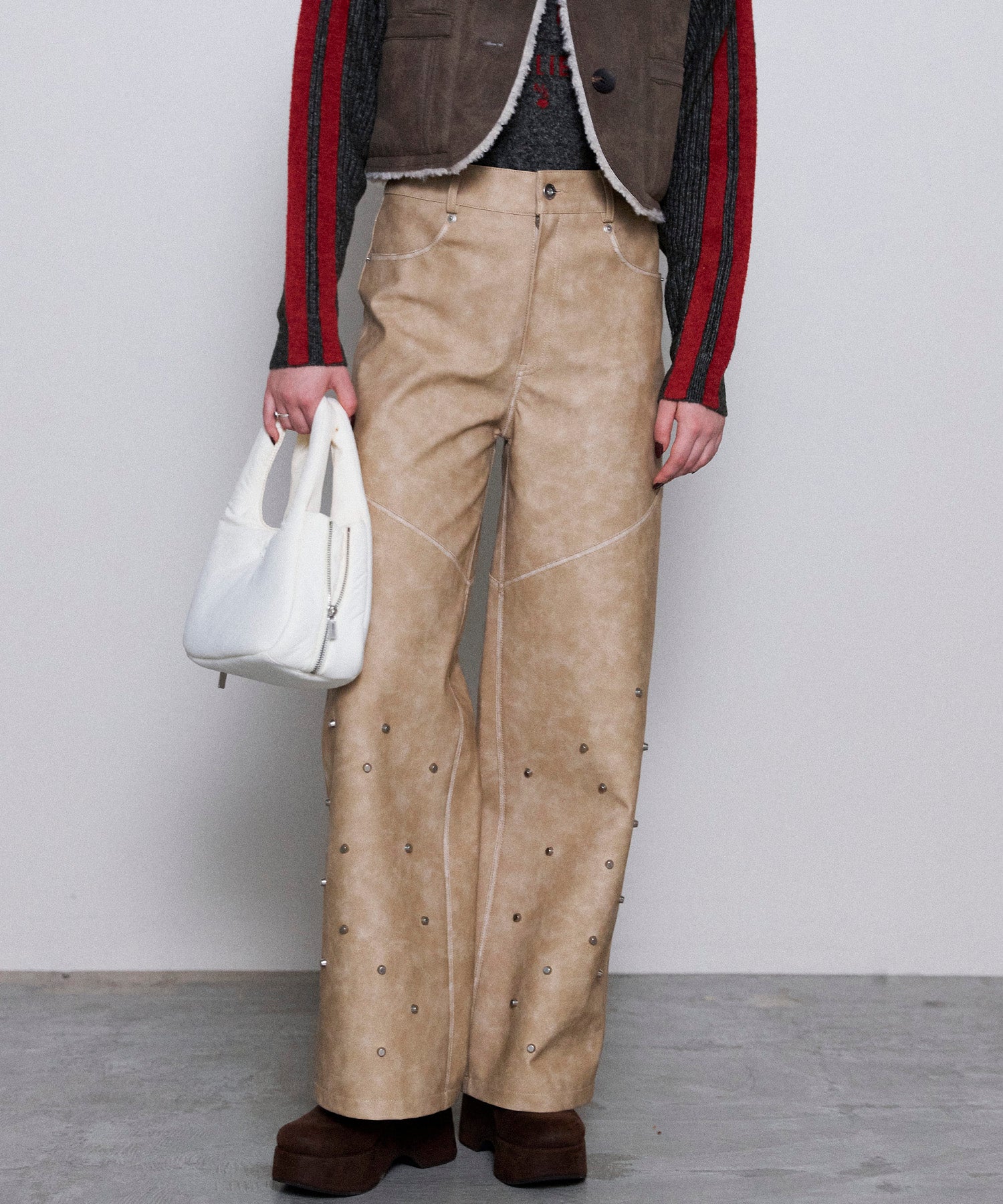 Studs Vegan Leather Straight Pants