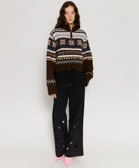 Nordic Pattern Half Zip Knit Tops