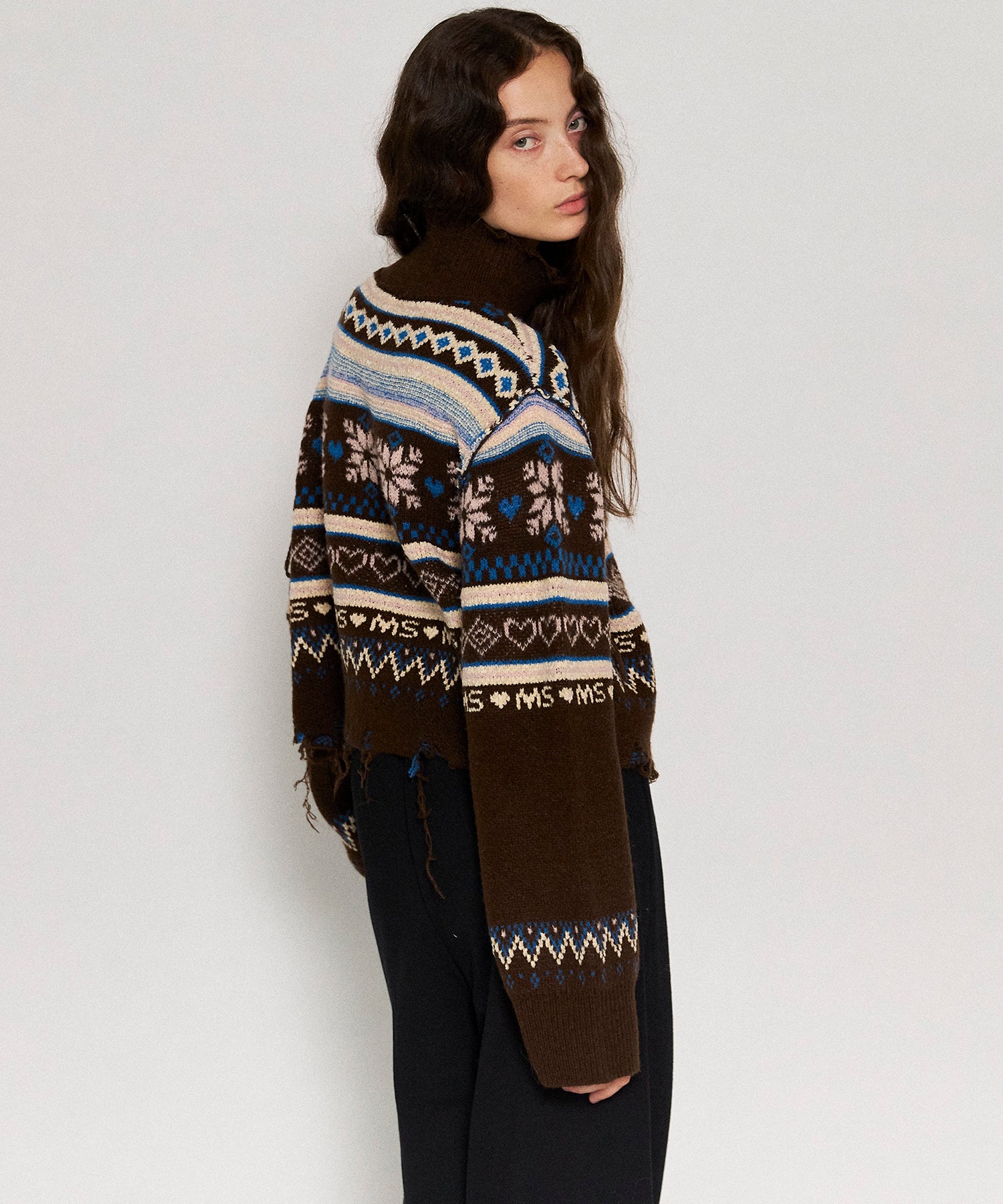 Nordic Pattern Half Zip Knit Tops