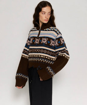 Nordic Pattern Half Zip Knit Tops