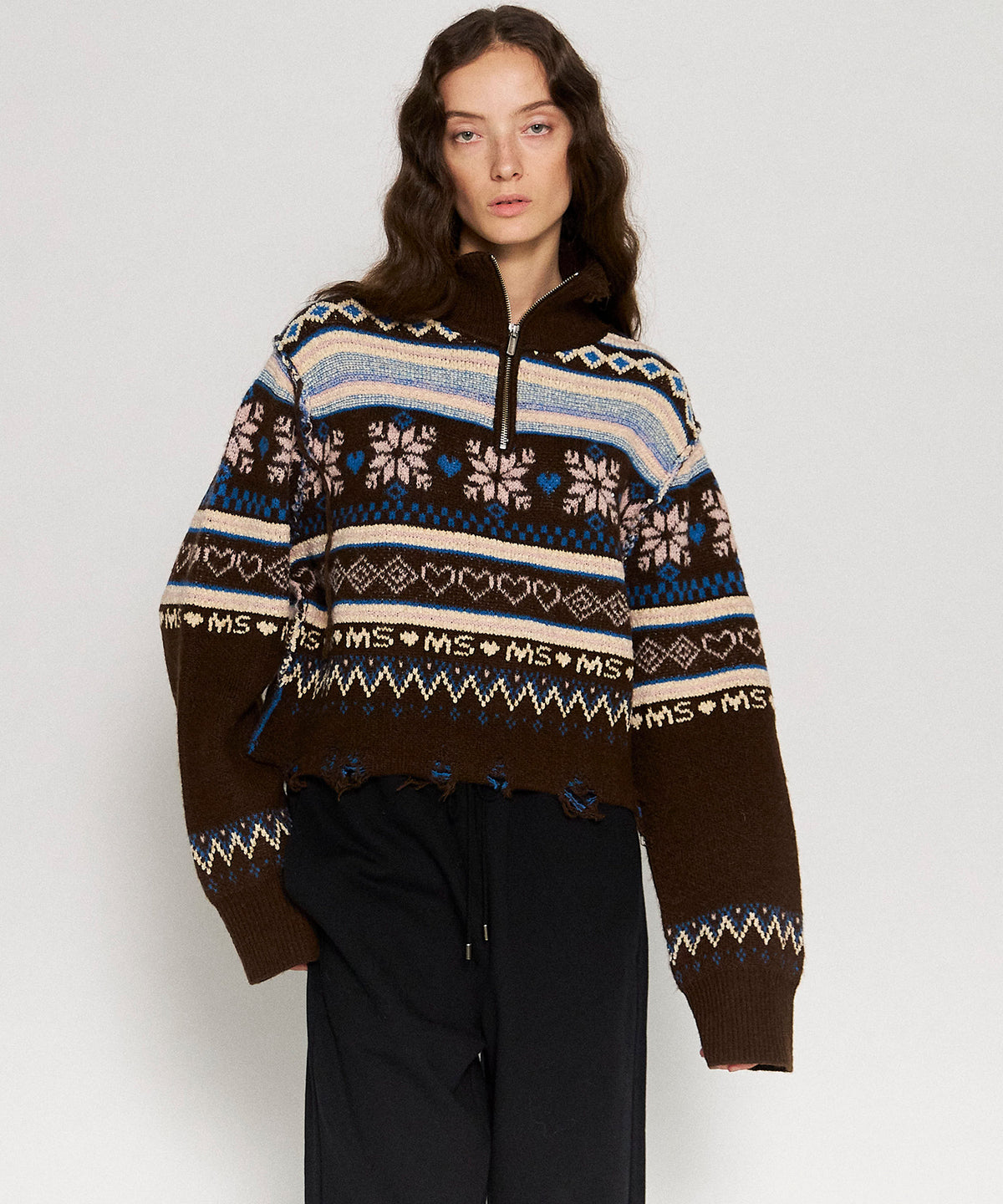 Nordic Pattern Half Zip Knit Tops