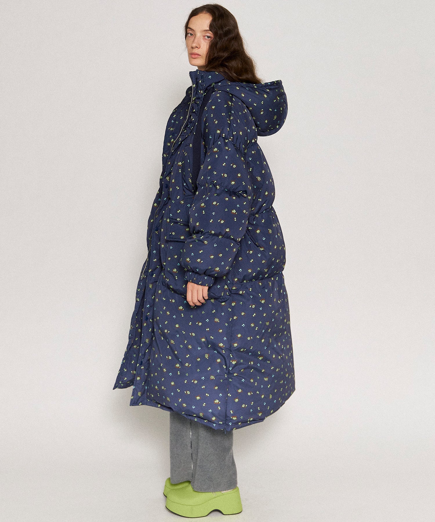 Floral Pattern Long Length Down Coat