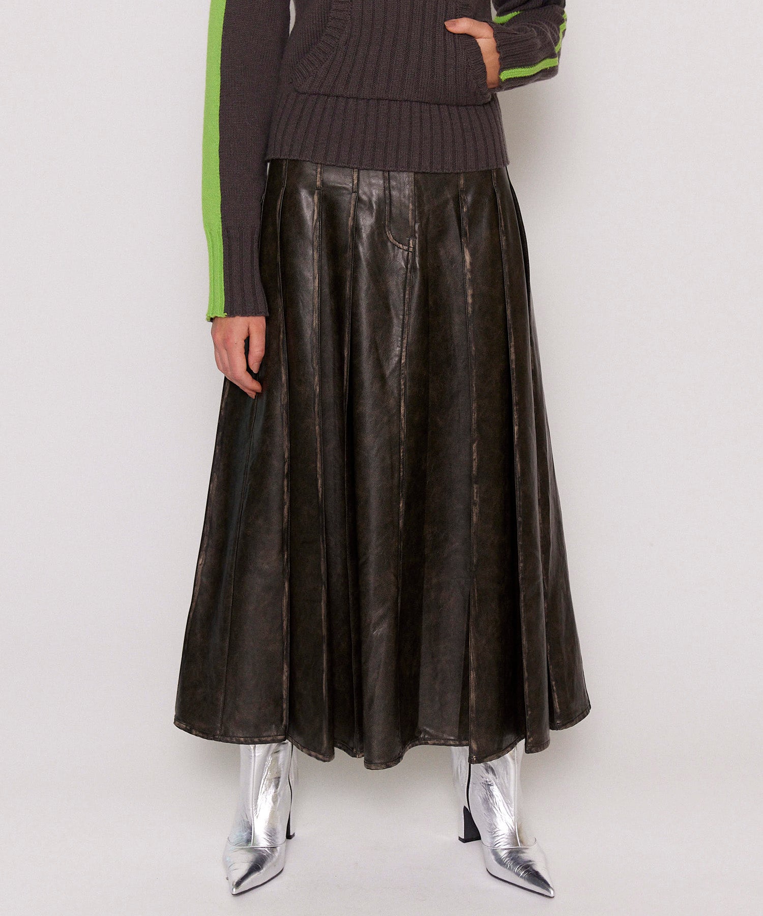 Tack Pleats Vegan Leather Long Skirt