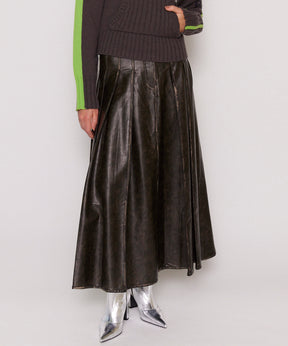 Tack Pleats Vegan Leather Long Skirt