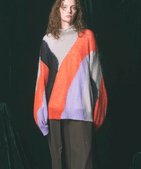 【24AW PRE-ORDER】Prime-Over Mohair Mixed Color Block Intarsia Knit Pullover