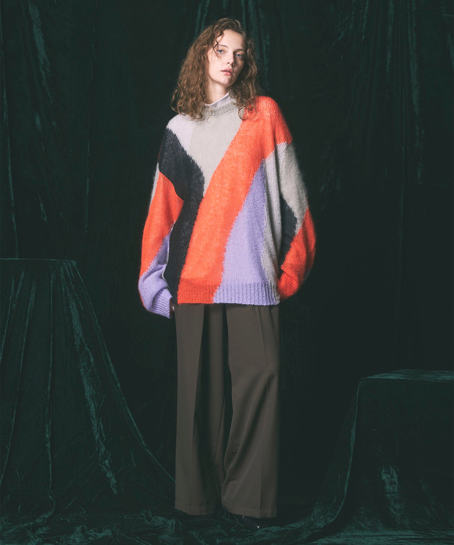 【24AW PRE-ORDER】Prime-Over Mohair Mixed Color Block Intarsia Knit Pullover