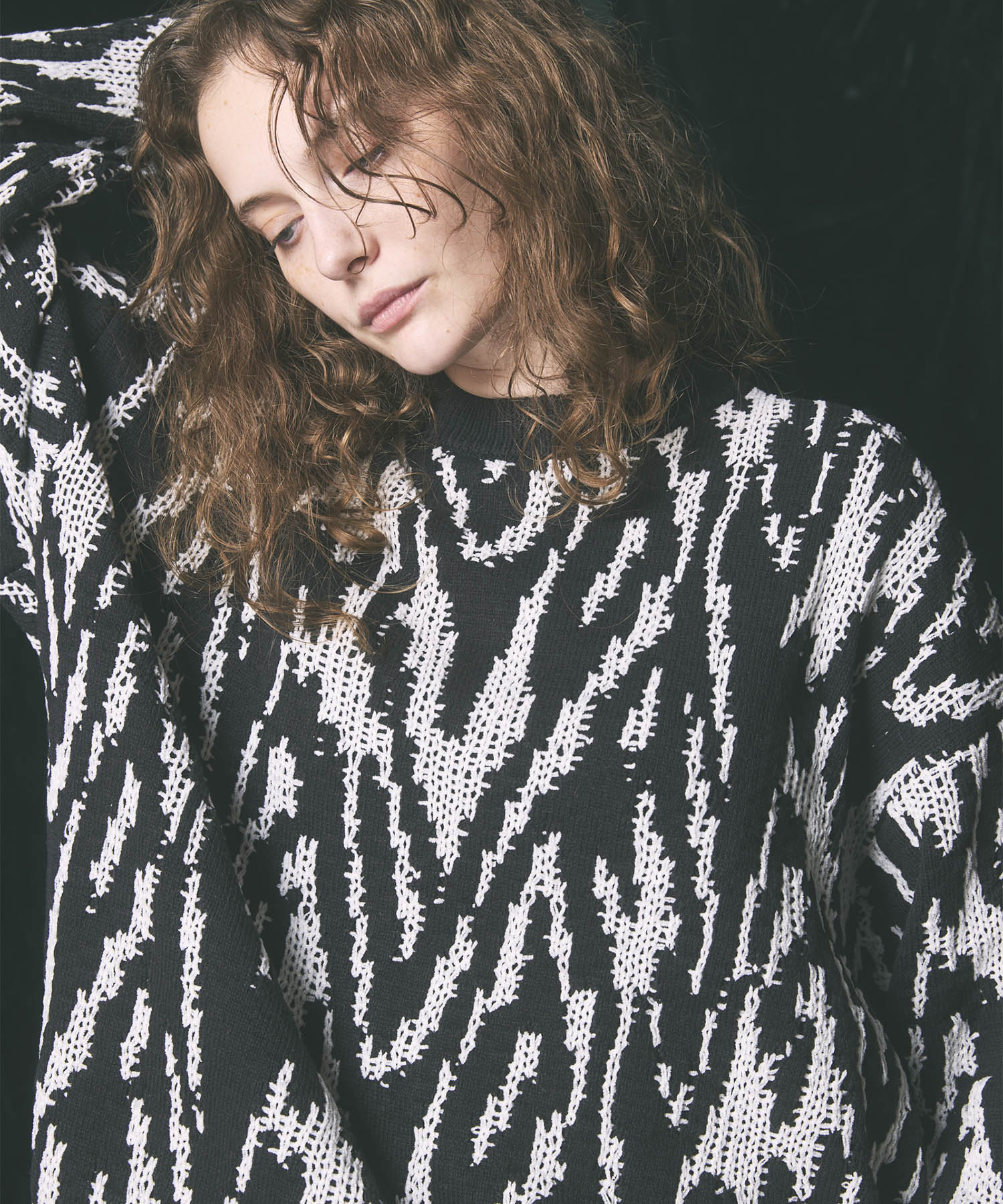 Prime-Over Thunder Mesh Jacquard Crew Neck Knit Pullover