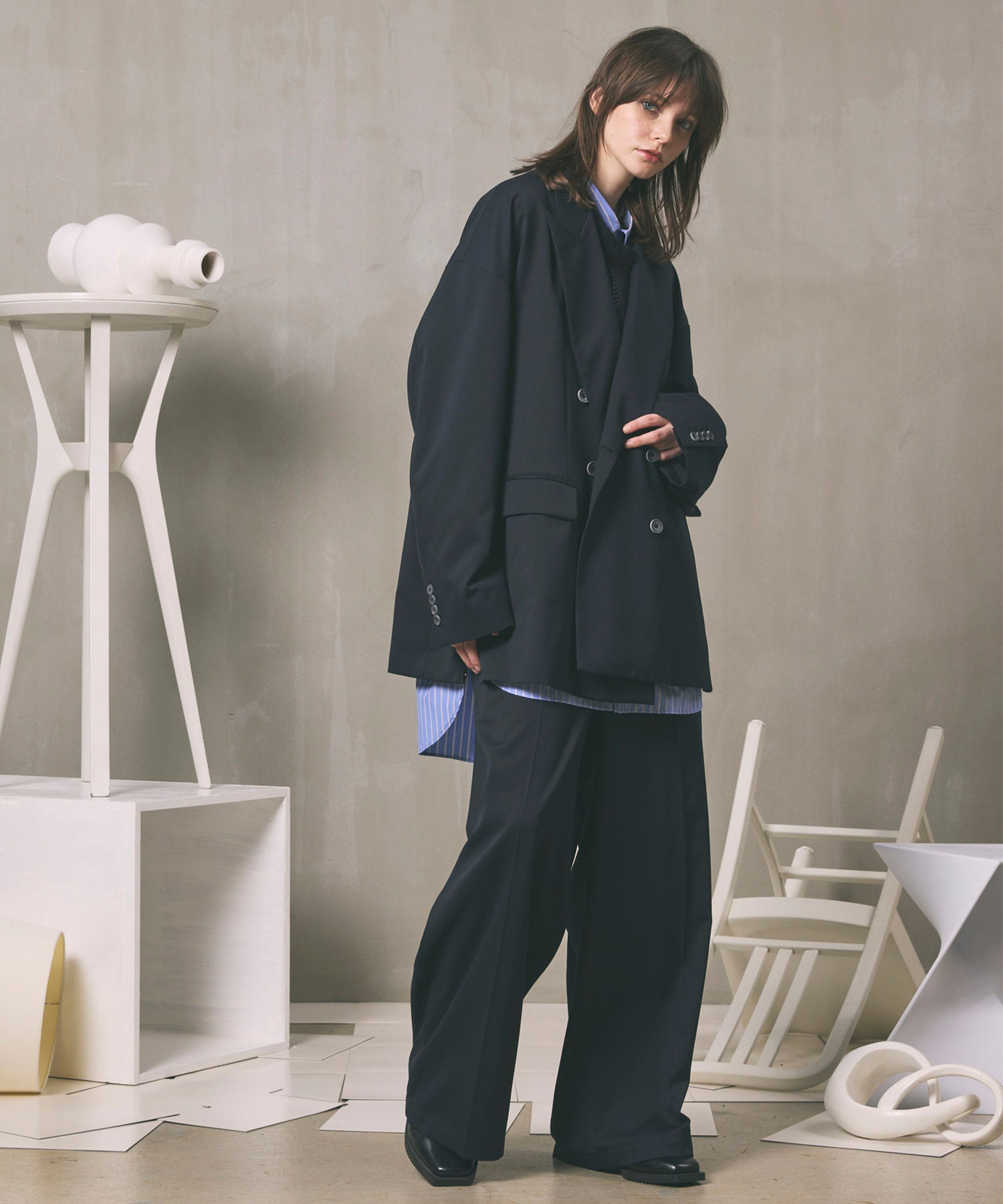 Wool Mix Continuous Tow-Tuck Wide Pants