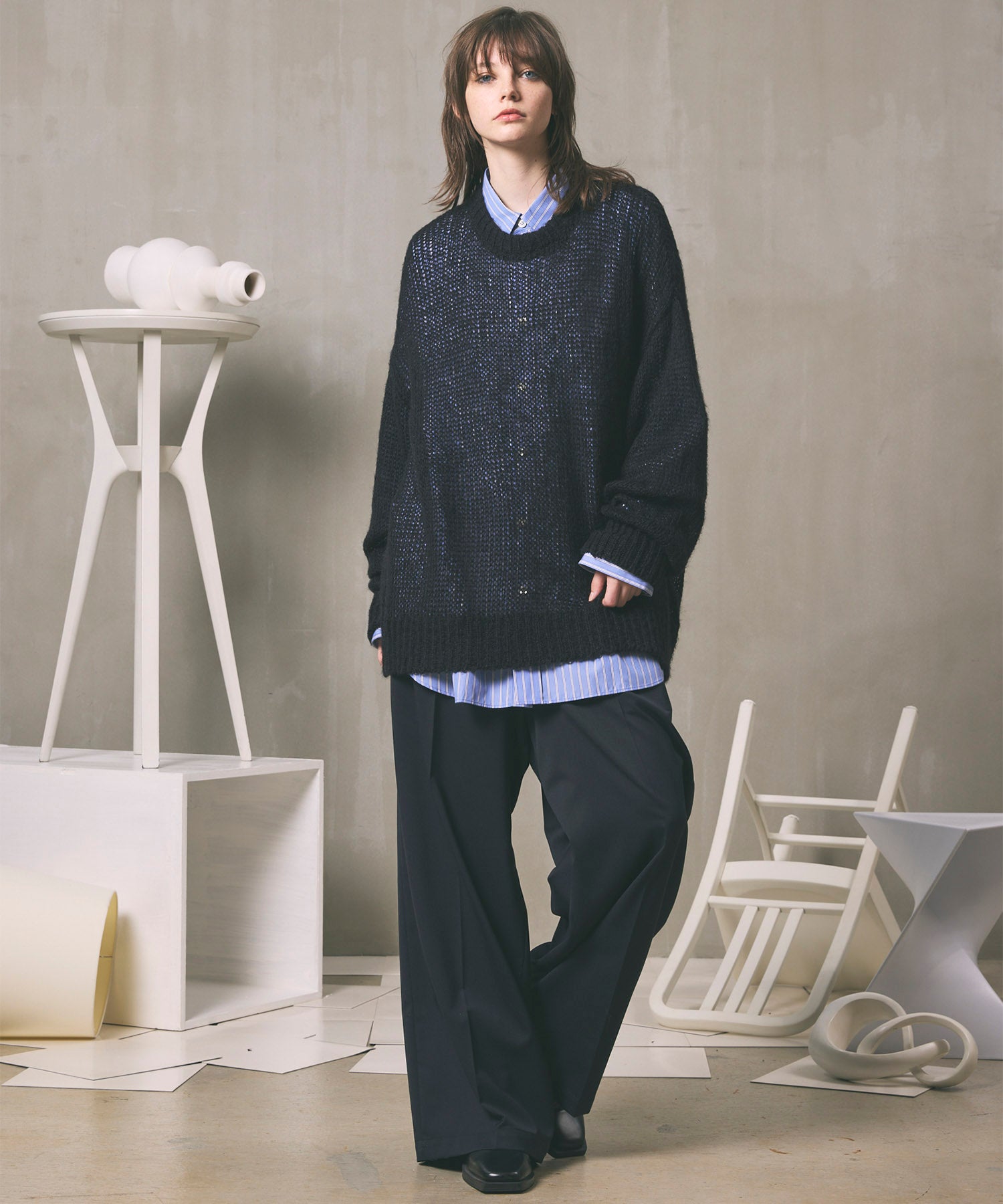 Wool Mix Continuous Tow-Tuck Wide Pants