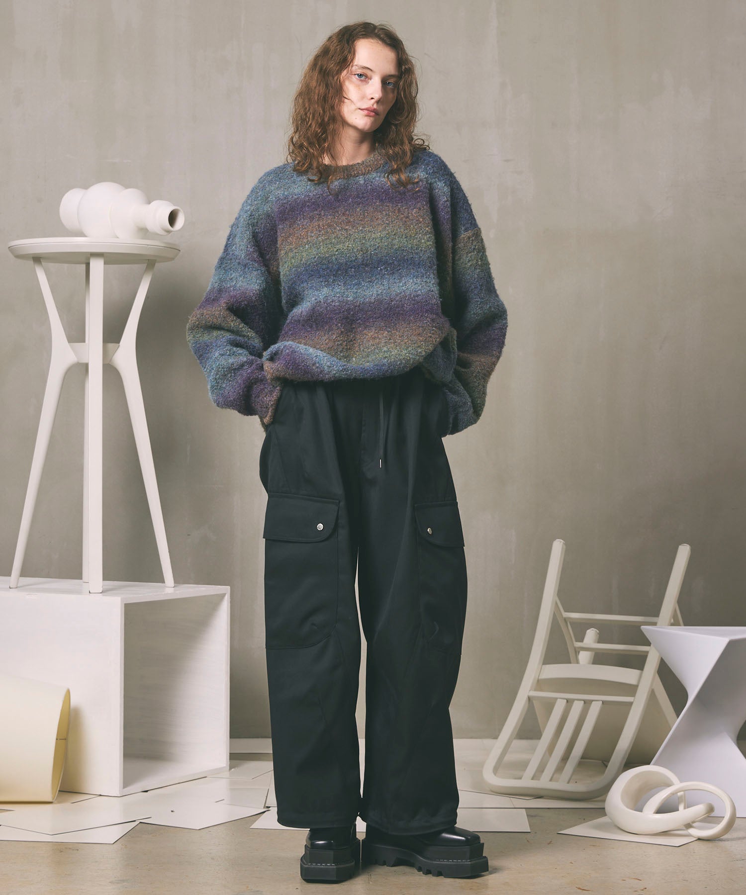 MOKOMOKO Gradation Border Prime-Over Crew Neck Knit Pullover