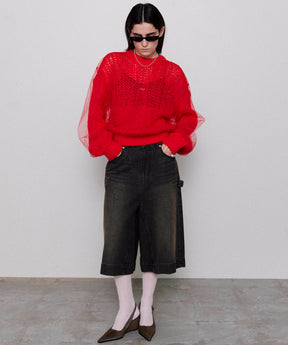 Tulle Layered Low Gauge Reversible Knit Pullover