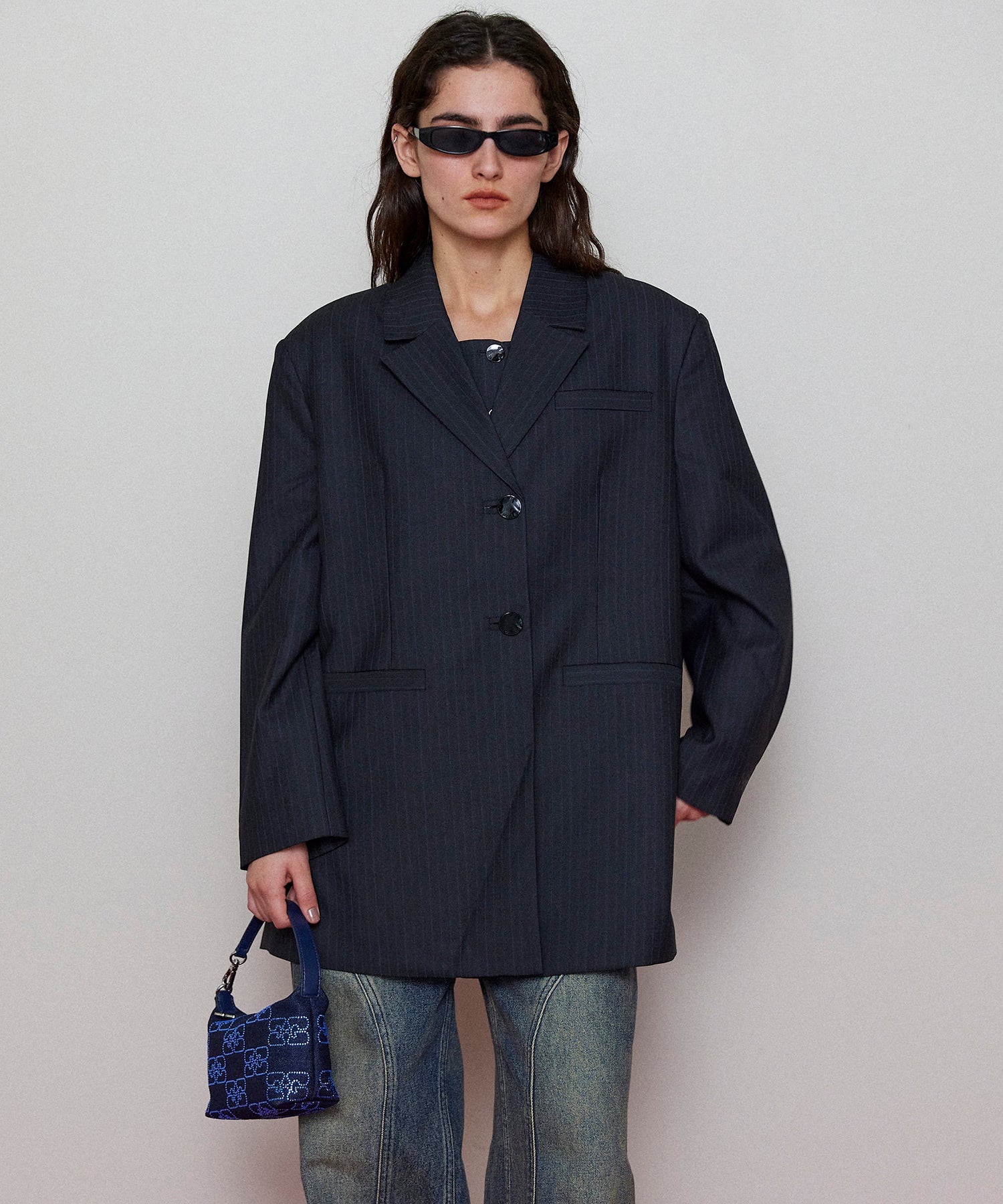 【GANNI】Melange Stripe Suiting Oversized Blazer