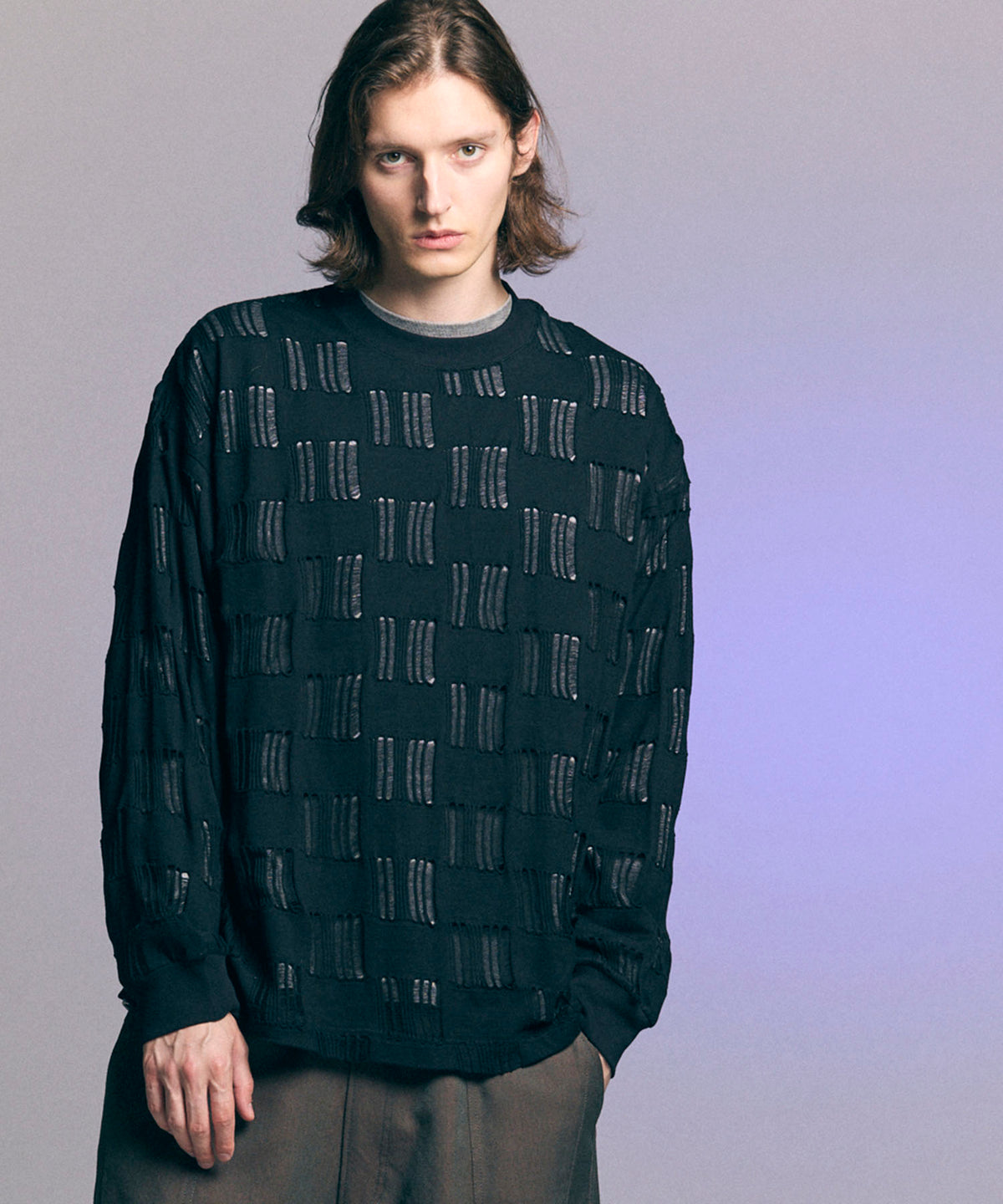 Check Jacquard Prime-Over Crew Neck Knit Pullover