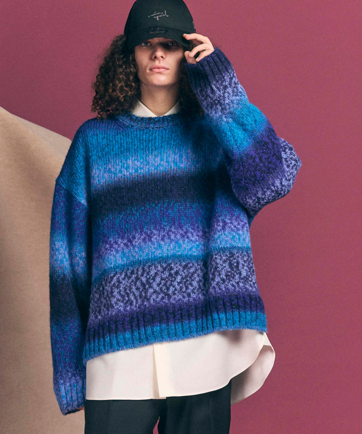 PINORI Long Space-Dye Gradation Prime-Over Crew Neck Knit PullOver