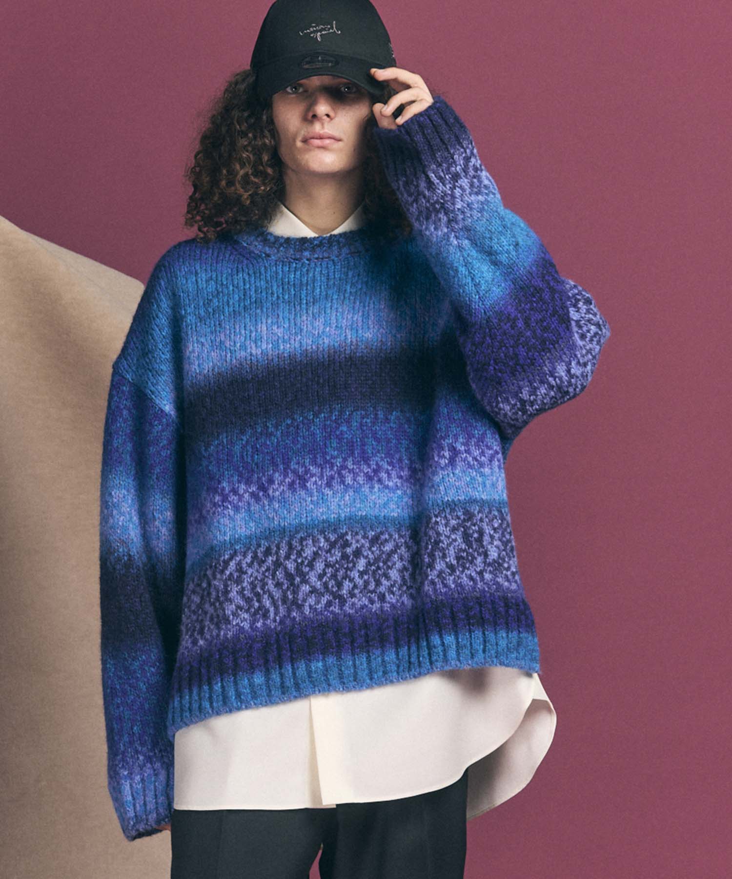 PINORI Long Space-Dye Gradation Prime-Over Crew Neck Knit PullOver