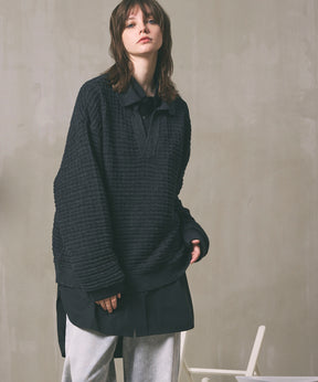 Slab Waffle Prime-Over Skipper Knit Pullover