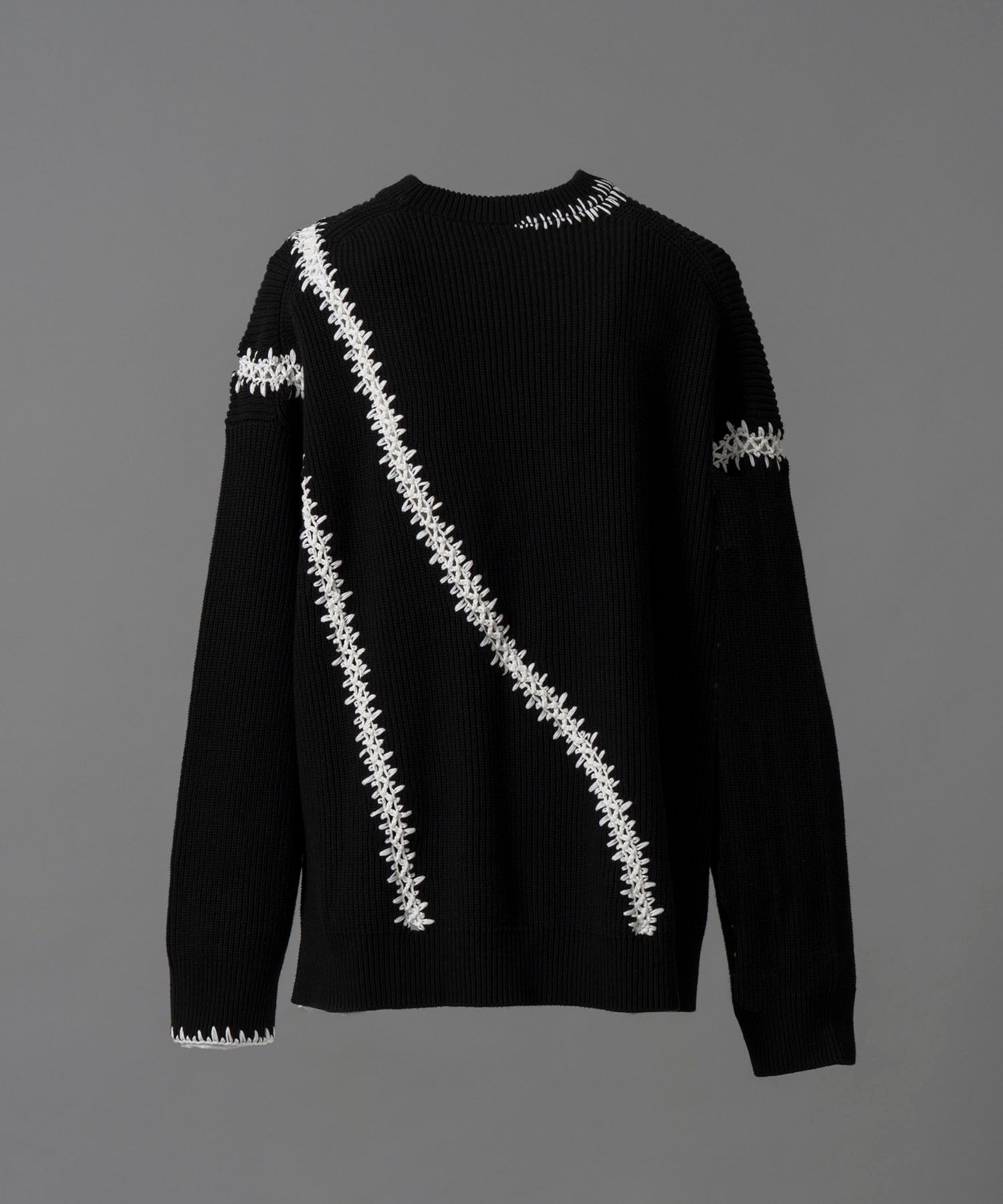 Barbed Wire Embroidery Prime-Over Crew Neck Knit Pullover