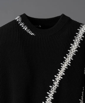 Barbed Wire Embroidery Prime-Over Crew Neck Knit Pullover