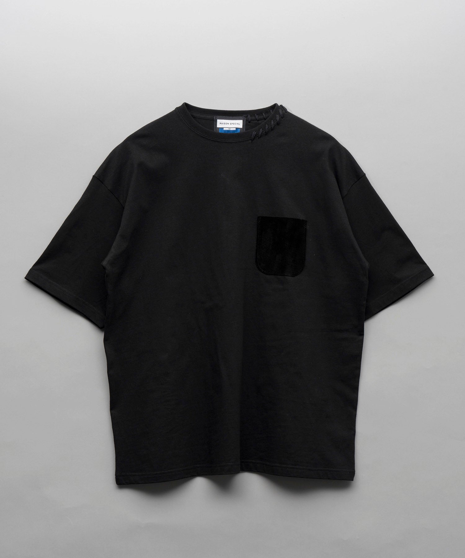 Hand-Stitched Oversized Leather Pocket Crew Neck T-shirt