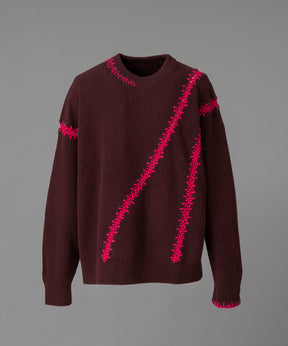 Barbed Wire Embroidery Prime-Over Crew Neck Knit Pullover