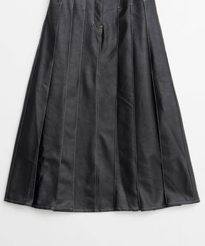 Tack Pleats Vegan Leather Long Skirt