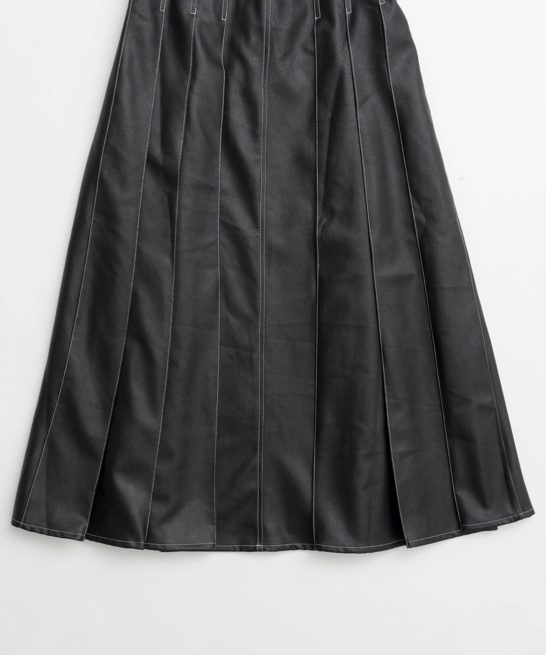 Tack Pleats Vegan Leather Long Skirt