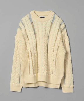 Cable Knitting Sheer Intarsia Prime-Over Crew Neck Knit Pullover