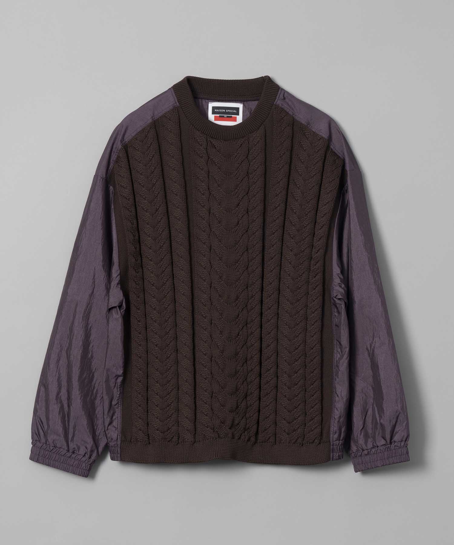 Cable Knit Combination Prime-Over Woven Shirt Crew Neck Pullover