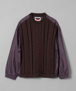 Cable Knit Combination Prime-Over Woven Shirt Crew Neck Pullover