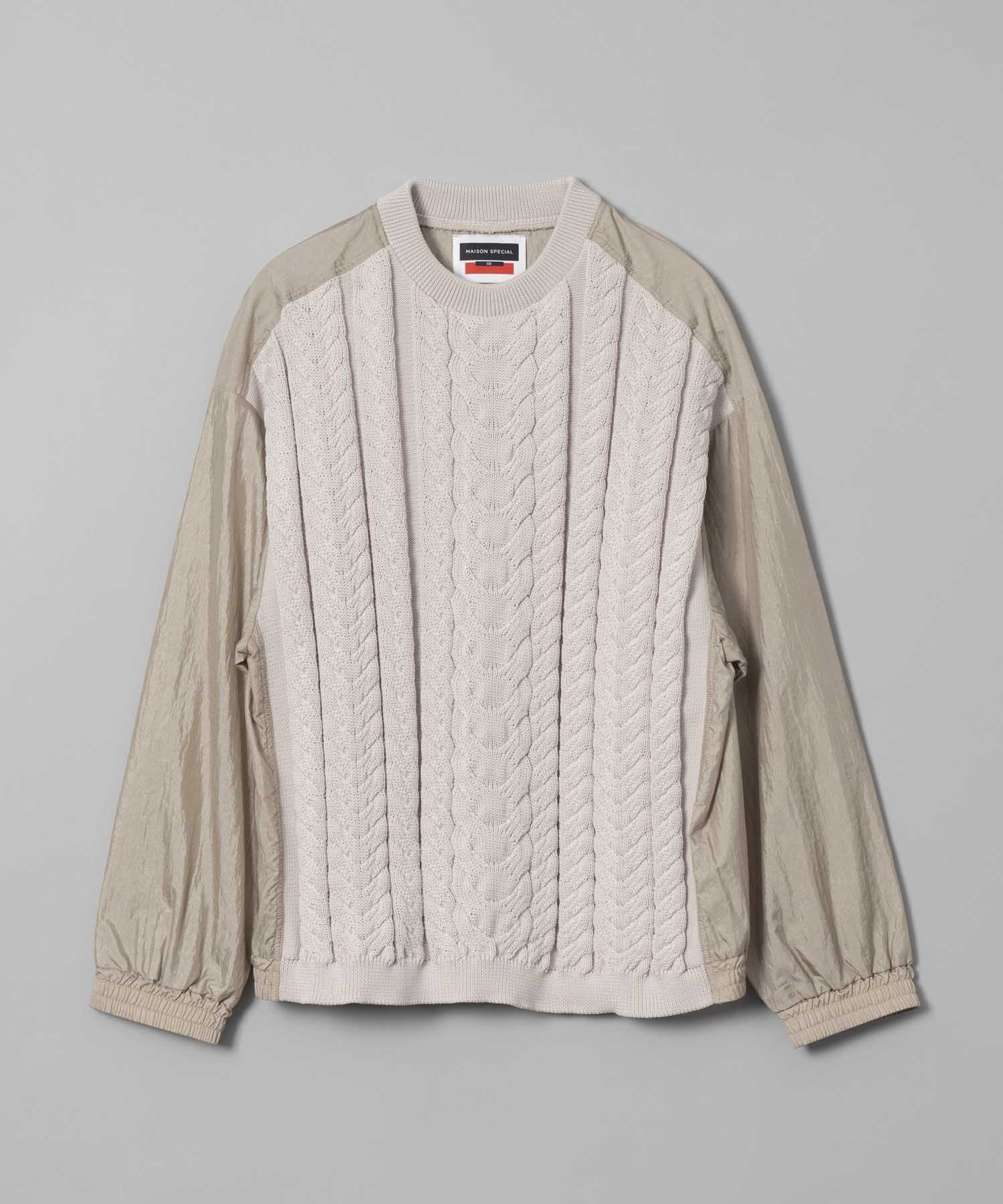 Cable Knit Combination Prime-Over Woven Shirt Crew Neck Pullover