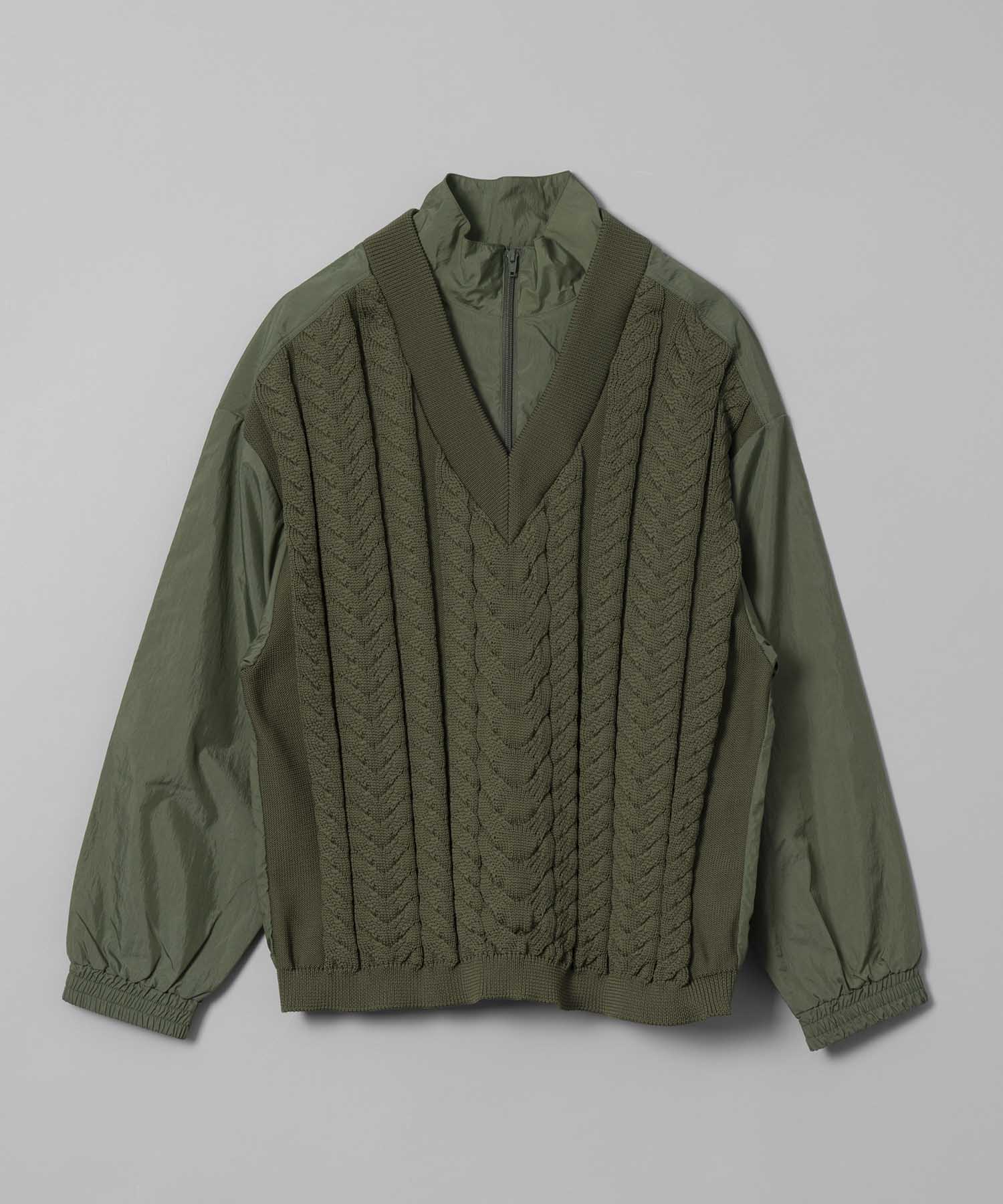 Cable Knit Combination Prime-Over Woven Shirt Half-Zip Pullover