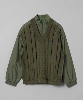 Cable Knit Combination Prime-Over Woven Shirt Half-Zip Pullover