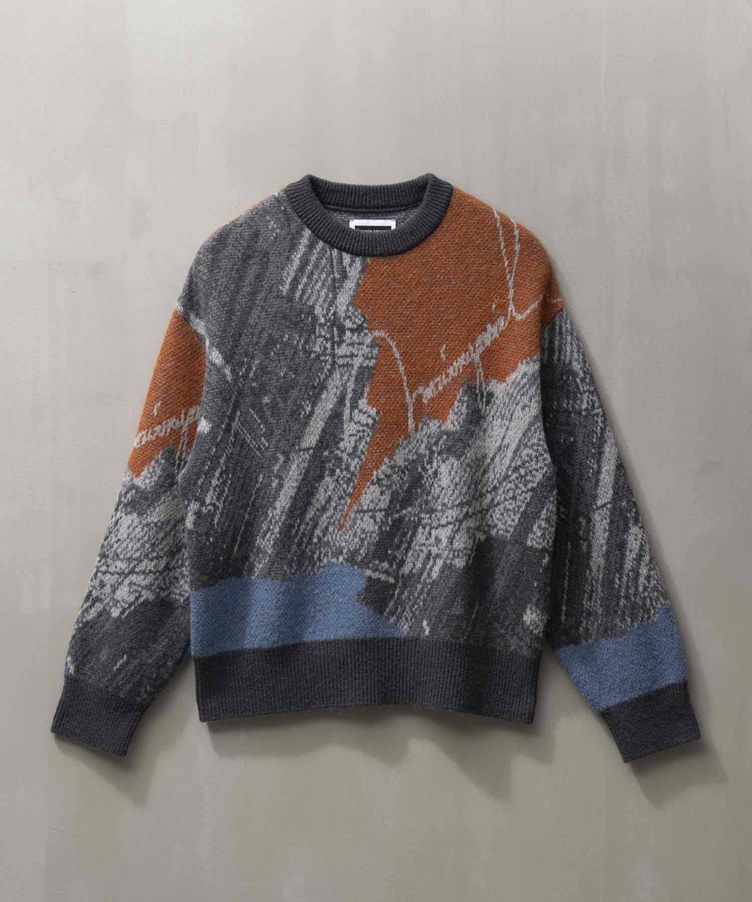 Airy Mohair Abstract Prime-Over Crew Neck Knit Pullover