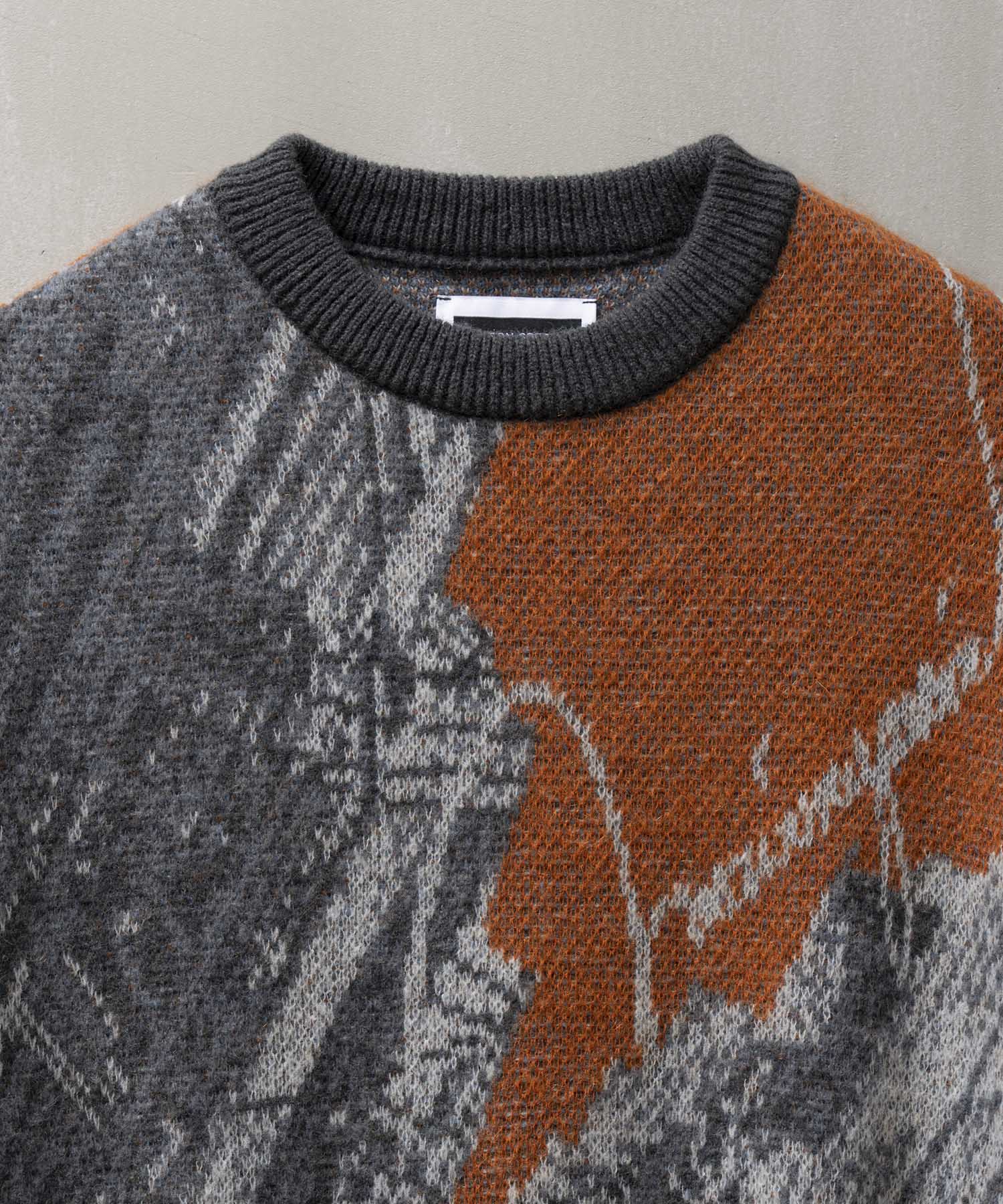 Airy Mohair Abstract Prime-Over Crew Neck Knit Pullover