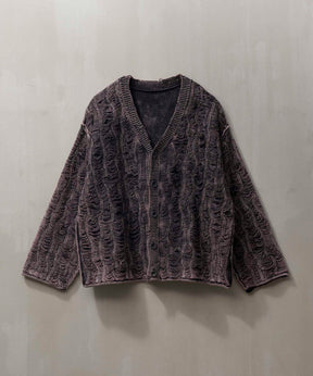 Snow Wash Destroy Fringe Denim Knit Prime-Over V-Neck Cardigan