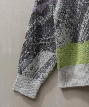 Airy Mohair Abstract Prime-Over Crew Neck Knit Pullover